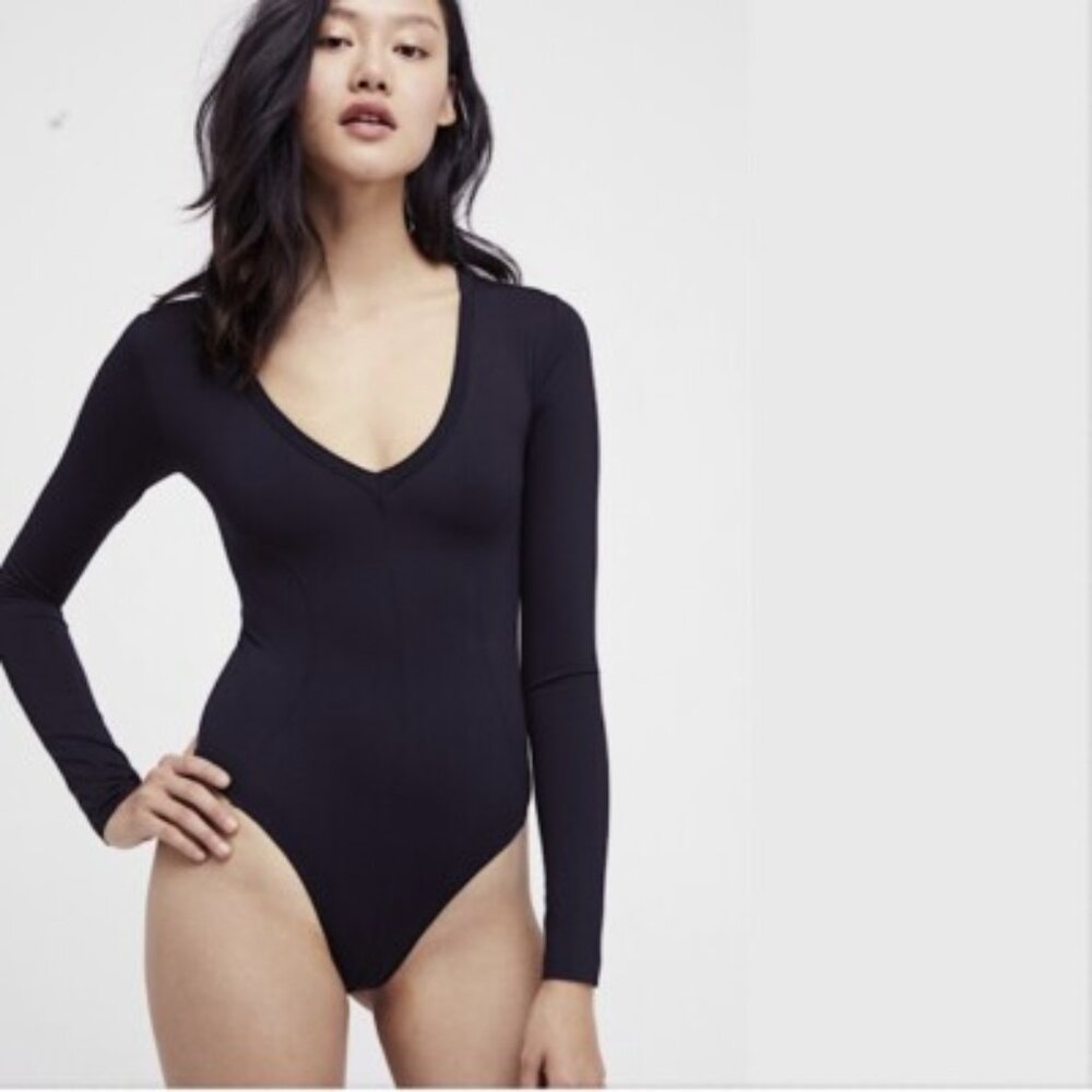 free people intimately black ribbed long sleeve v-neck bodysuit